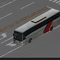 White Coach Bus Moving On Road With White Lines Yellow Stripes And Directional Arrows