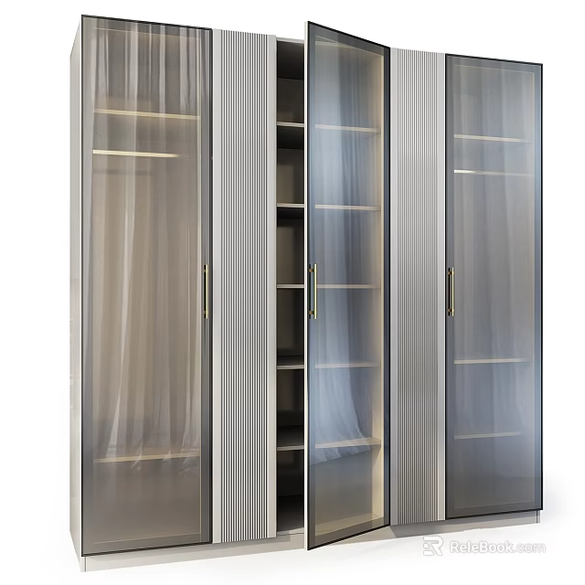 Elegant Modern Storage Cabinet with Glass Doors Golden Handles and Metal Frame Shelves 3d model 