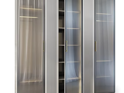 Elegant Modern Storage Cabinet with Glass Doors Golden Handles and Metal Frame Shelves 3d model