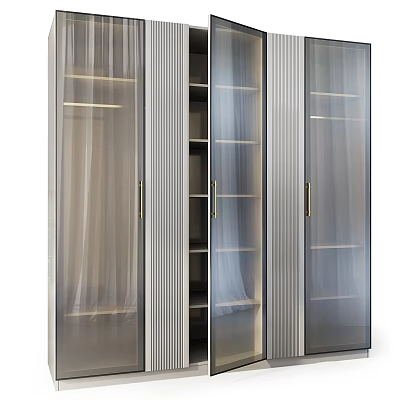 Elegant Modern Storage Cabinet with Glass Doors Golden Handles and Metal Frame Shelves 3d model