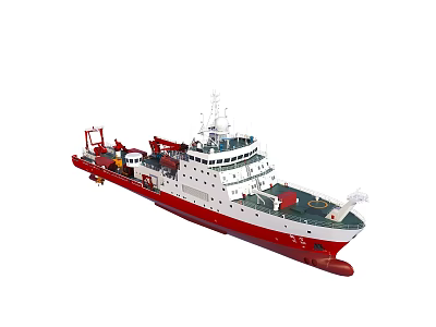 Red and White Ship Vessel With Deck Structure And Bridge Design 3d model