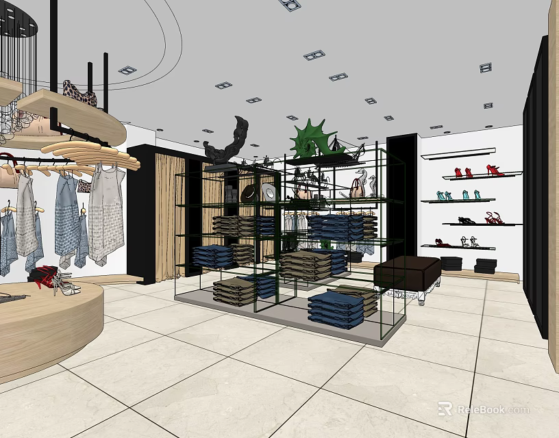 Modern Clothing Store Interior With Hanging Folded Clothes Display Racks And Shoe Shelves 3d model 