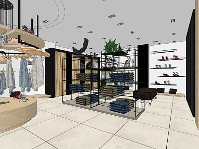 Modern Clothing Store Interior With Hanging Folded Clothes Display Racks And Shoe Shelves 3d model