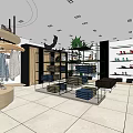 Modern Clothing Store Interior With Hanging Folded Clothes Display Racks And Shoe Shelves
