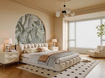 Modern Bedroom Interior With Arched Tropical Leaf Mural Plush Bed Nightstand Lamps And Blinds 3d model