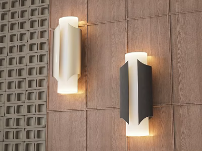 Illuminated Wall Lamps Mounted on Wooden Wall With Lattice Design Light and Dark Colored Fixtures 3d model