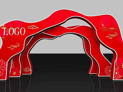Red Decorative Arch Structure With Traditional Cloud Motifs Floral Decorations And Logo 3d model