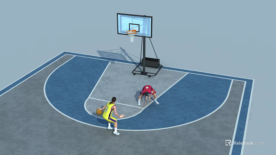Indoor Basketball Court With Blue Gray Floor Players Practicing And Hoop Setup 3d model 