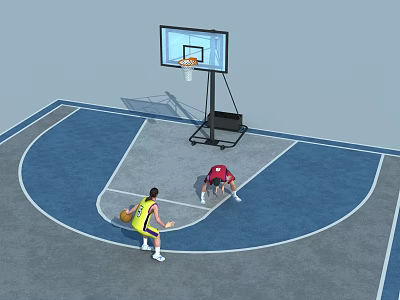 Indoor Basketball Court With Blue Gray Floor Players Practicing And Hoop Setup 3d model