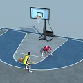 Indoor Basketball Court With Blue Gray Floor Players Practicing And Hoop Setup