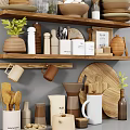 Wooden Kitchen Shelves Organizing Various Kitchenware Plates Mugs Jars And Cutting Tools