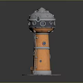 Orange Metallic Tower Structure with Gray Dome Top and Circular Windows on Circular Base
