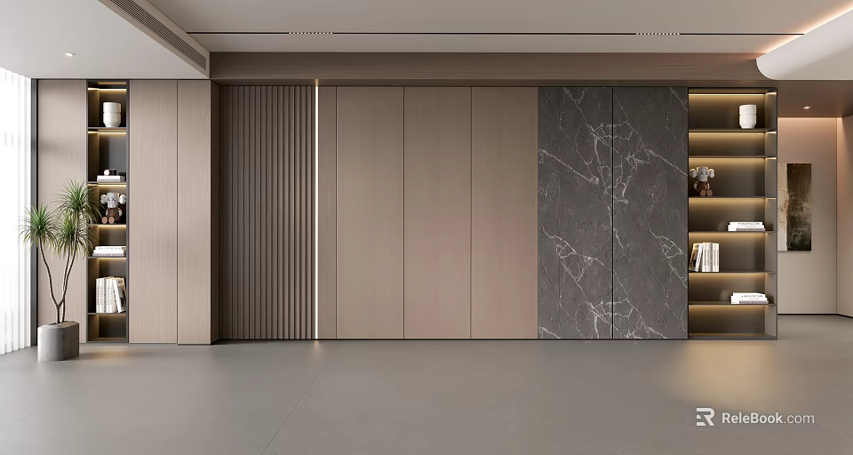 Modern Luxury Accent Wall Design With Wooden Panels Marble Pattern And LED Strip Lighting 3d model 