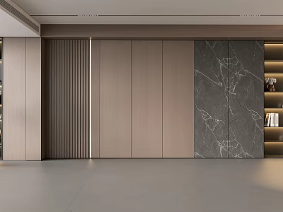 Modern Luxury Accent Wall Design With Wooden Panels Marble Pattern And LED Strip Lighting 3d model