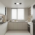 Modern Kitchen Interior Design With White And Dark Gray Cabinets Countertop And Window Blinds