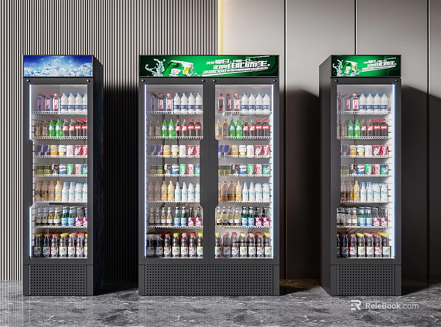 Three Modern Commercial Refrigerators Filled With Beverages And Refresh Your Day Signage 3d model 