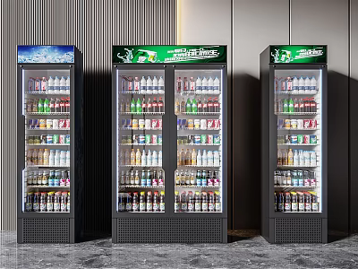 Three Modern Commercial Refrigerators Filled With Beverages And Refresh Your Day Signage 3d model