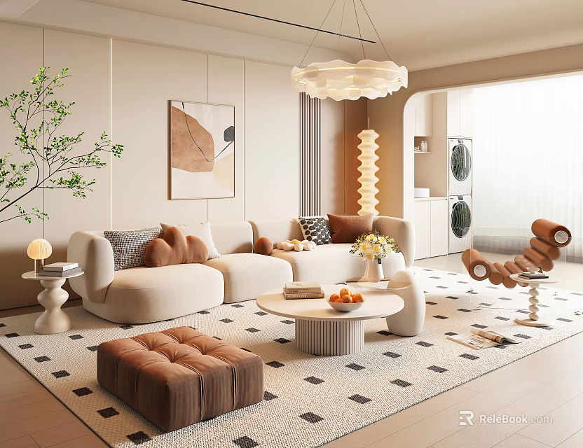 Elegant Modern Living Room Interior With Beige Sofa Cushions Brown Ottoman Green Plant And Chandelier 3d model 