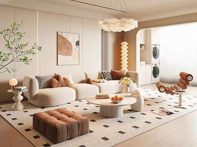 Elegant Modern Living Room Interior With Beige Sofa Cushions Brown Ottoman Green Plant And Chandelier 3d model