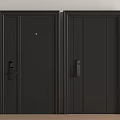 Black Security Doors with Smart Lock Modern Design Two Panel Vertical Stripes and Flat Surface