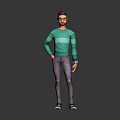 3D Male Character Model In Green Sweater And Purple Pants Standing Against Gray Background