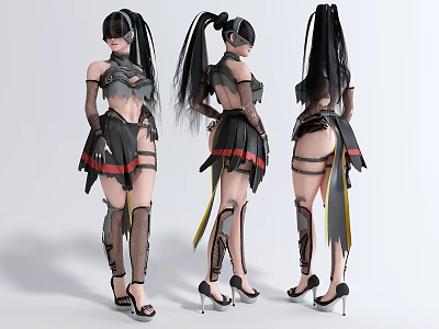 Female Character In Black Outfit With Long Hair Twin Ponytails Mesh Strap Details Mechanical Legs 3d model