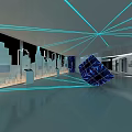 Modern Futuristic Exhibition Hall With Curved Ceiling Blue Lighting Display Screens And Circular Platform