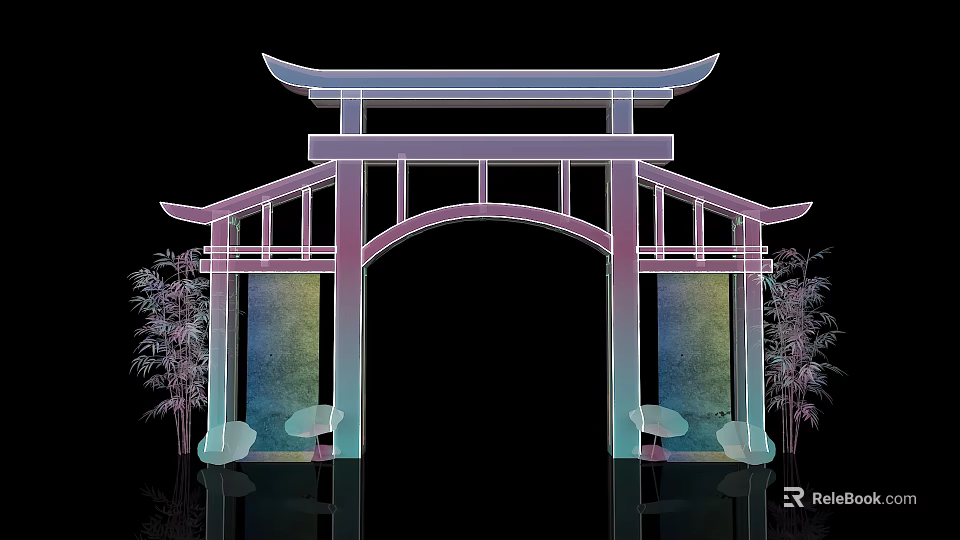 Elegant Traditional Architectural Event Gateway With Gradient Colors Bamboo And Reflection 3d model 