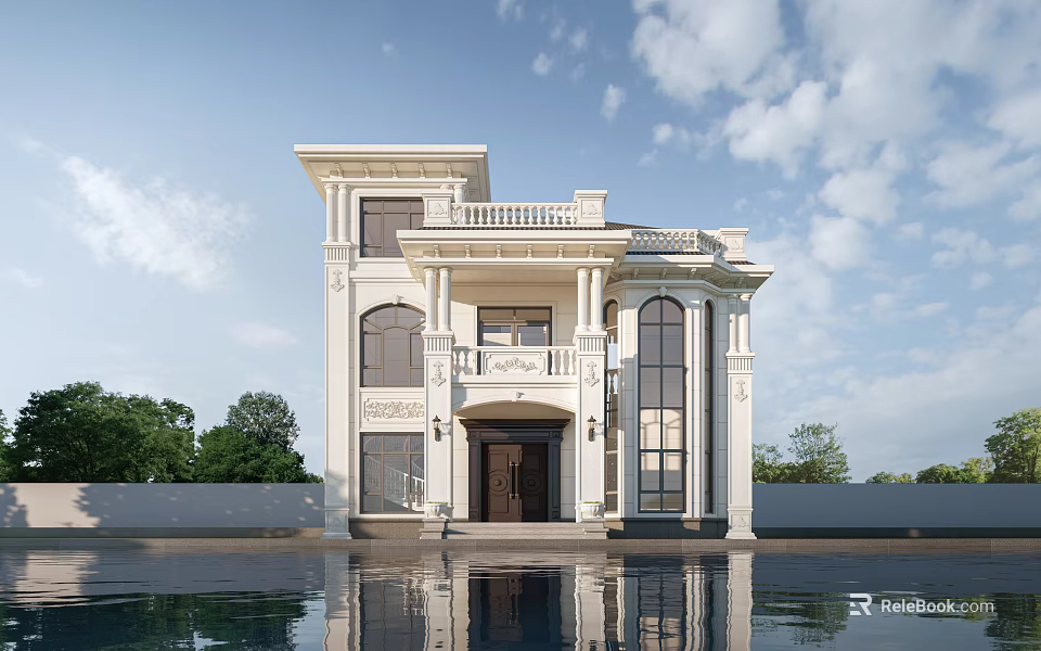 Elegant White Detached Villa with Balcony Large Windows and Water Reflection 3d model