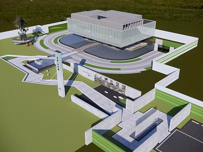 Modern Sales Office Building Design With Glass Curtain Wall Circular Driveway And Landscaped Gardens 3d model