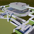 Modern Sales Office Building Design With Glass Curtain Wall Circular Driveway And Landscaped Gardens