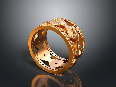 Golden Wide Band Carved Hollow Ring With Intricate Patterns And Shiny Surface 3d model