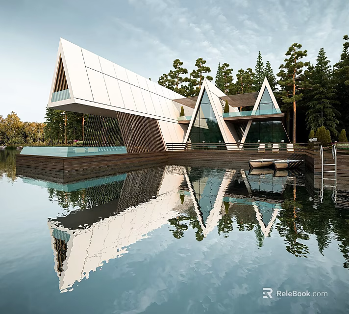 Modern Lakeside Boutique Villa With Triangular Roof Glass Facade And Water Reflection Among Trees 3d model 