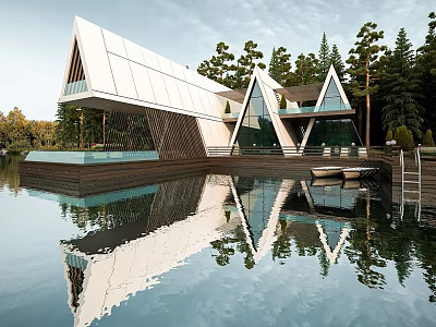 Modern Lakeside Boutique Villa With Triangular Roof Glass Facade And Water Reflection Among Trees 3d model