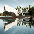 Modern Lakeside Boutique Villa With Triangular Roof Glass Facade And Water Reflection Among Trees