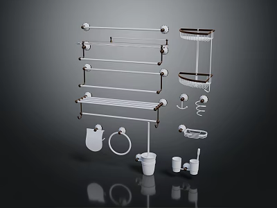 Bathroom Essentials Set With Towel Racks Hooks Toilet Brush And Cups 3d model