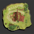 Miniature Red And White Windmill Model With Yellow Roof And Green Trees