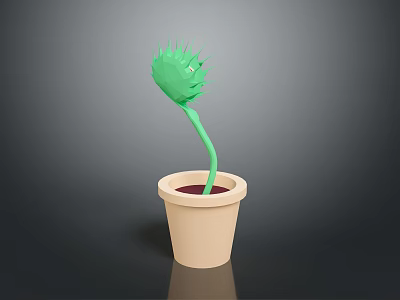 Green Spiky Plant Growing In Beige Flower Pot With Dark Soil And Gray Background 3d model
