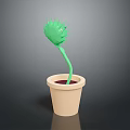 Green Spiky Plant Growing In Beige Flower Pot With Dark Soil And Gray Background