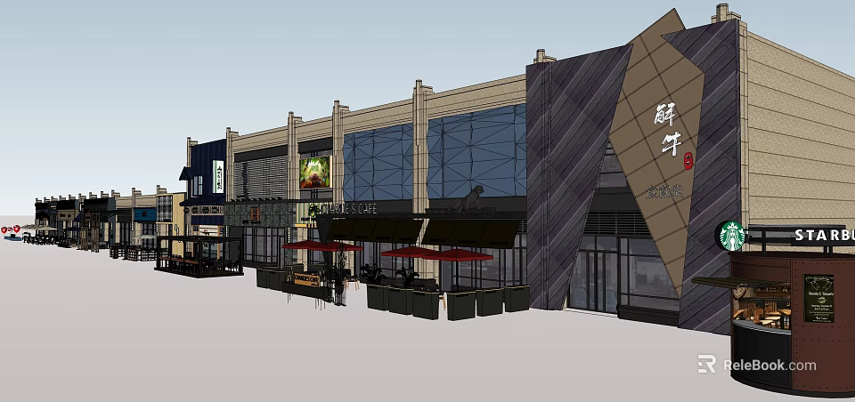 Modern Commercial Street Featuring Glass Facade Outdoor Seating And Shop Signs 3d model 