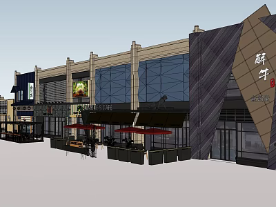 Modern Commercial Street Featuring Glass Facade Outdoor Seating And Shop Signs 3d model