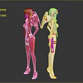 Two Pink Haired Characters in Red White Form Fitting Suits with Mechanical Details Gray Background