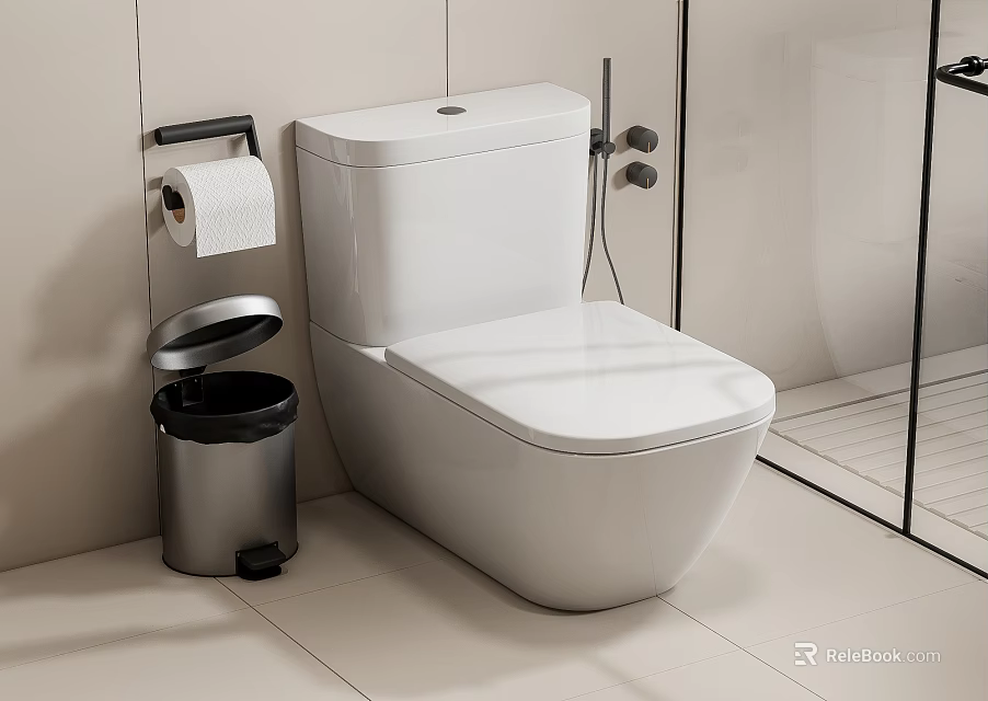 Modern White Toilet with Silver Waste Bin Toilet Paper Holder Tile Wall and Shower Area 3d model 