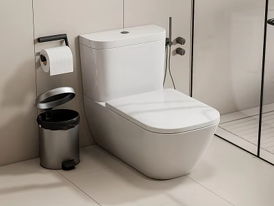 Modern White Toilet with Silver Waste Bin Toilet Paper Holder Tile Wall and Shower Area 3d model