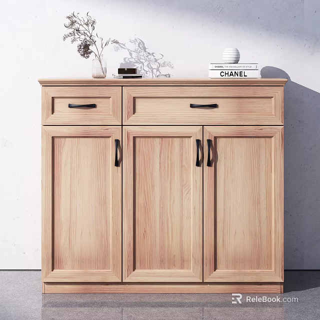 Natural Wood Shoe Cabinet With Drawers Cabinet Doors And Decorative Items On Top 3d model 