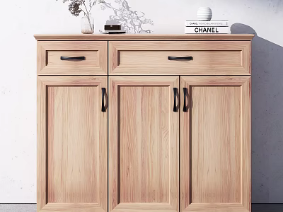 Natural Wood Shoe Cabinet With Drawers Cabinet Doors And Decorative Items On Top 3d model