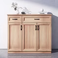 Natural Wood Shoe Cabinet With Drawers Cabinet Doors And Decorative Items On Top