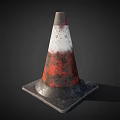 3D Rendered Old Worn Red And White Traffic Cone With Square Base On Dark Background