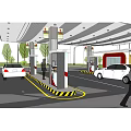 Detailed Modern Gas Station Rendering With White Cars Fuel Pumps And Canopy Structure