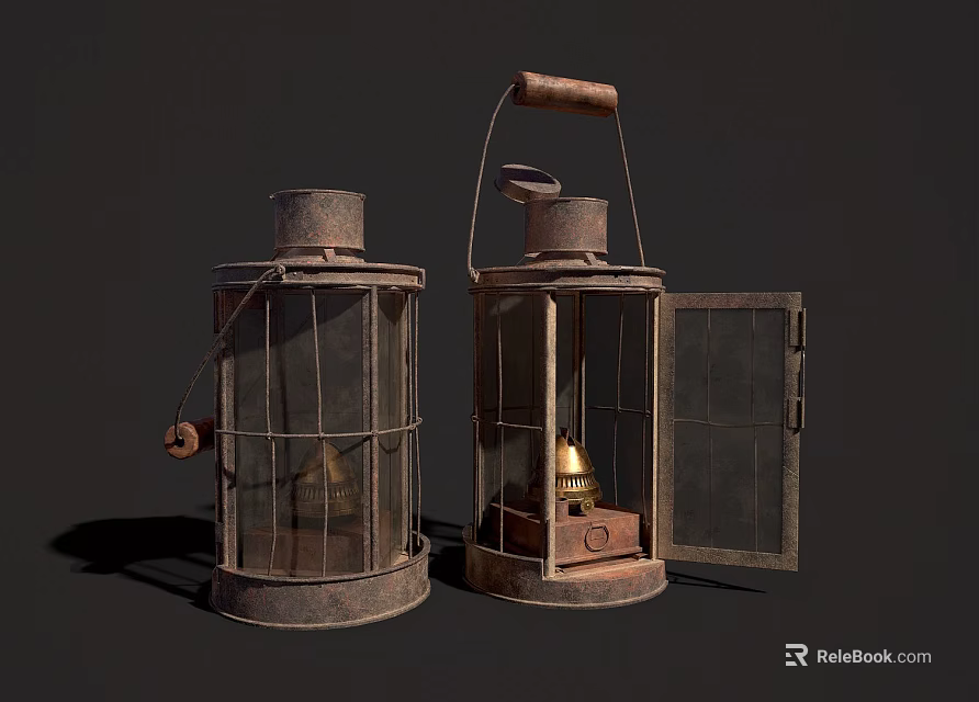 Vintage Kerosene Lanterns With Metal Frames Glass Covers And Open Door Design 3d model 